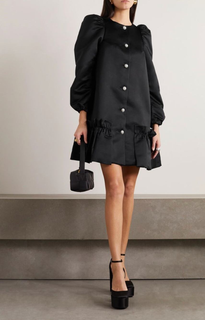 Sleeper Mistery Ruffled Satin Mini Dress Long Puff Sleeve Party Black XS NWT